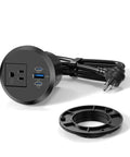 Sleek 2 Inch Desk Power Grommet Outlet With AC Receptacle And Multiple USB Ports delivering quick Type C zip, black design.