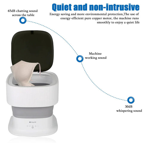Ultra Portable Mini Washing Machine With Foldable Design And Spin Dryer Lightweight Washer showing noise levels for travel use