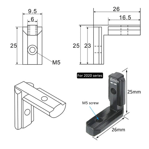 Complete Black 2020 Aluminum Extrusion Corner Brackets Full M5 Fastener Kit T Nuts Screws And Heavy Duty Wrench For V Slot Rig Frames technical drawing with dimensions.