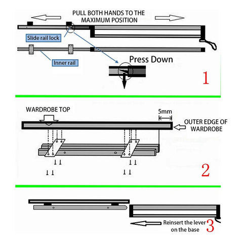 Diagram of Adjustable Telescoping Clothes Rail 30-60cm Heavy Duty Steel Wardrobe Rod Space Saving Organizer installation steps.