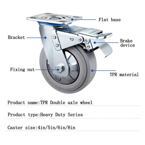 Mavvilo Heavy-Duty Swivel Caster Wheels 4-Inch Industrial Office Wheels with Brake showcasing TPR double axle wheel and brake device.