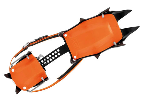 Vasak Llu 12 Point Crampons with long wide front points and antisnow system, orange base, top view