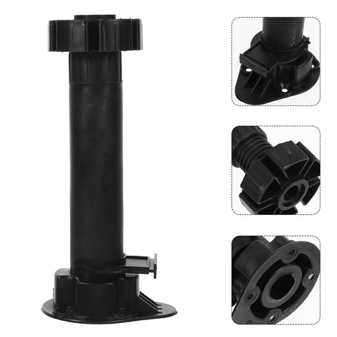 4 Pack Adjustable Cabinet And Table Furniture Legs Black ABS with thickened reinforced support, close-up and side views