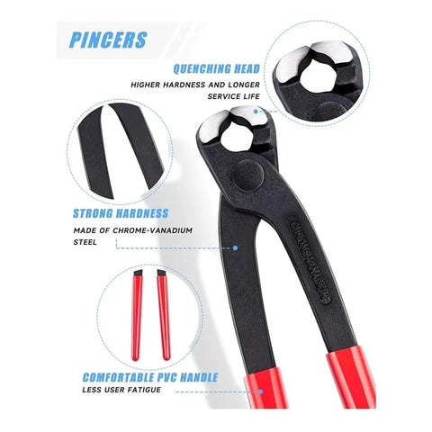 Pincer tool from 120 Piece Stainless Steel Single Ear Hose Clamp Kit with red handles and chrome-vanadium steel construction.