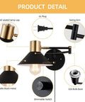 Plug In Wall Sconce With Swing Arm And Dimmer, Black Adjustable E26 Vanity Light, gold-plated cap, and dimmable switch detail