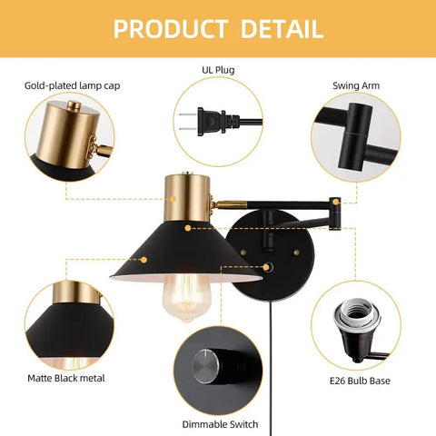 Plug In Wall Sconce With Swing Arm And Dimmer, Black Adjustable E26 Vanity Light, gold-plated cap, and dimmable switch detail