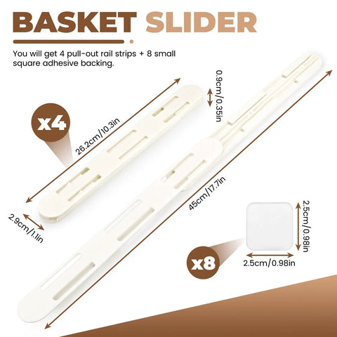 Super Slick Self Stick Adhesive Pull Out Cabinet Drawer Sliders With Heavy Duty Bottom Mount Rails For DIY Bin Organizers, 4 pull-out rail strips.