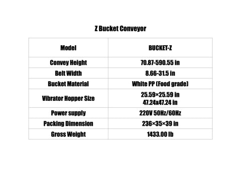 Specifications table for Premium Stainless Steel Automatic Belt Roller Conveyor Straight Up Heavy Duty Industrial Transport System.