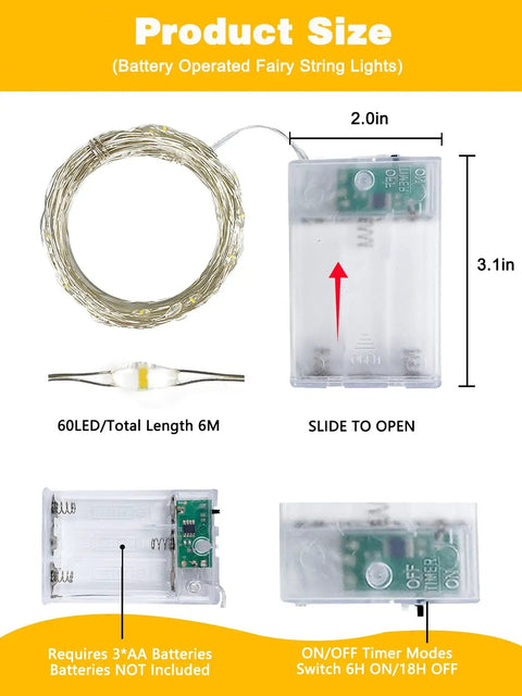 Product dimensions and features of 4 Pack 60 LED Battery Operated Fairy Lights With Timer, 20 Ft Waterproof Indoor Outdoor String Lights Cuttable