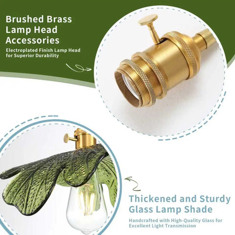 Eemmwet Green Plug in Pendant Light Handmade Glass Hanging Light lamp head with brushed brass finish and green glass shade.