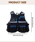 Industrial Grade Heavy Duty Adjustable Work Vest Multi Pocket Utility Carry For Plumbers Electricians Carpenters Smart Storage Pockets Tough As Nails Black Blue, shown in size with dimensions.