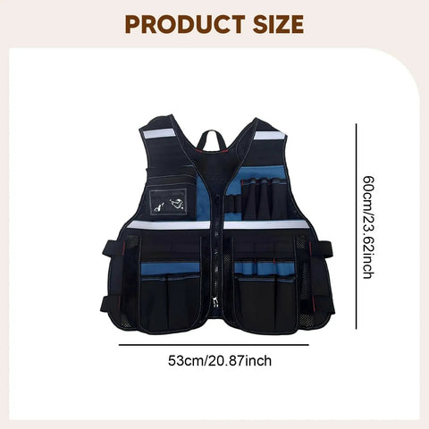 Industrial Grade Heavy Duty Adjustable Work Vest Multi Pocket Utility Carry For Plumbers Electricians Carpenters Smart Storage Pockets Tough As Nails Black Blue, shown in size with dimensions.