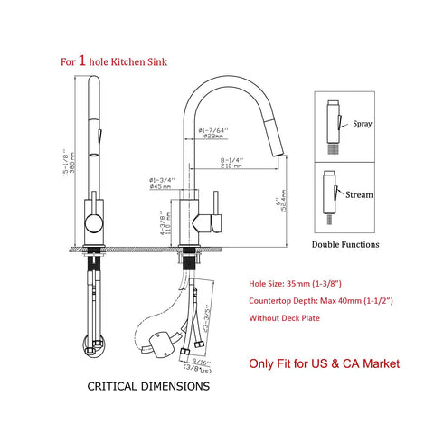 Black Kitchen Faucet With Pull Down Sprayer High Arc Stainless Steel Matte Black Finish Lead Free SUS304 CUPC Cartridge dimensions diagram