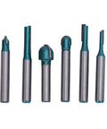 Top Grade 20 Piece Carbide Router Bit Set With Strong Tongue Groove For Smooth Woodworking Cuts 1/2 Inch Shank showing six varied tip designs.