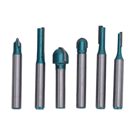 Top Grade 20 Piece Carbide Router Bit Set With Strong Tongue Groove For Smooth Woodworking Cuts 1/2 Inch Shank showing six varied tip designs.