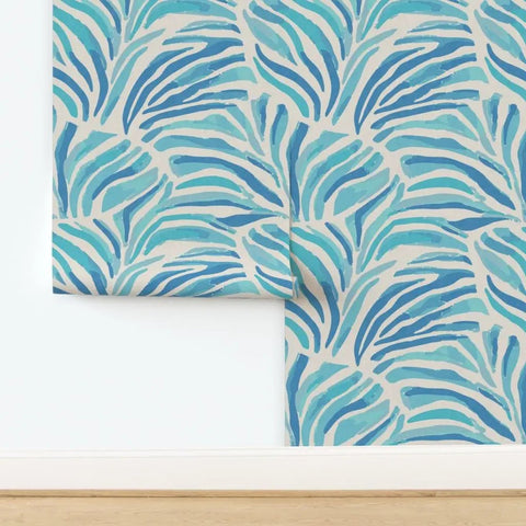 Modern Animal Print Pvc Free Professional Wallpaper Featuring Smooth Matte Linen Finish Built Like A Tank For Busy Households Quick Paste To Paper Install For Your Ultimate Room Refresh in blue and green leaf pattern.