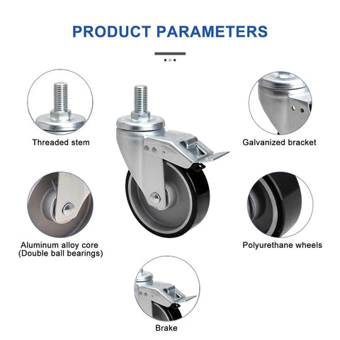 Product parameters of Heavy Duty Caster Wheels With Brake Swivel Casters M Threaded Stem for workbench and garage use.