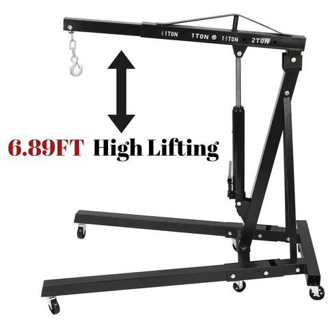 Killer 2 Ton 4400 Lbs Folding Hydraulic Engine Hoist Cherry Picker lifting mechanism at 6.89FT height with black steel frame.