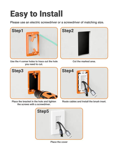 Straight Shooting Brush Cable Wall Plate With Sturdy Mounting Bracket To Neatly Tame Hdmi Coax Speaker Wire And Rj45 Ethernet For A Clean Cut Wall Finish installation steps.