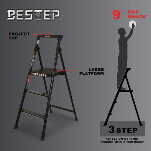 Lightweight Aluminum Three Step Folding Ladder With Big Wide 13.8 By 13 Inch Platform And Handy Tool Tray For Home Projects, ANSI A14.2 Certified, Sturdy Portable Stepladder For Indoor Fixes And DIY Tasks. black 3-step ladder with wide platform and 9 ft max reach