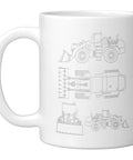 Front End Loader Tractor Blueprint Ceramic Mug White Featuring Technical Drawings From Top Side And Front Angles Of Heavy Machinery Dope Line Art For Engineers Builders And Coffee Lovers