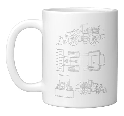 Front End Loader Tractor Blueprint Ceramic Mug White Featuring Technical Drawings From Top Side And Front Angles Of Heavy Machinery Dope Line Art For Engineers Builders And Coffee Lovers