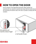 Instruction diagram for opening the door on Compact Space Saver 0.9 Cu Ft Microwave Oven with Kid Safe Two Step Child Lock
