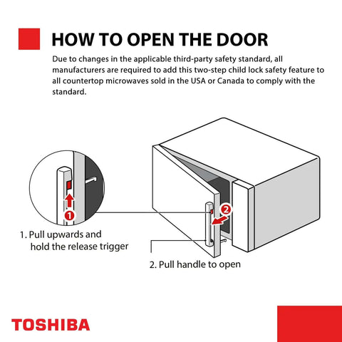 Instruction diagram for opening the door on Compact Space Saver 0.9 Cu Ft Microwave Oven with Kid Safe Two Step Child Lock