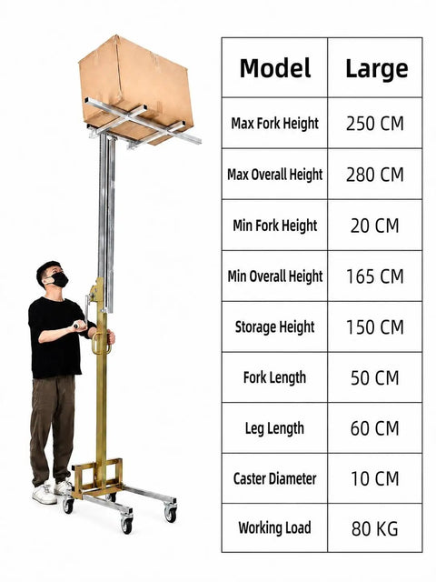 Heavy Duty Manual Material Lift Stacker With 4 Rolling Wheels And 176 Lbs Capacity Hand Crank Lifter with box raised to 250 cm.