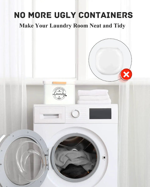 Powder Coated Galvanized Metal Laundry Pods Holder With Hinged Lid Farmhouse Style on washing machine in laundry room