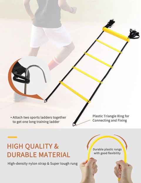All In One Pro Grade Agility Ladder Set For Football Training With A 20 Foot Speed Ladder, 12 Rungs, details on assembly.