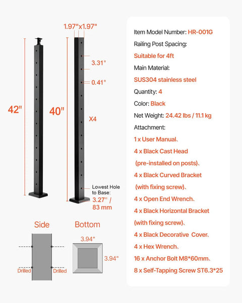 Built Solid Ready To Rock Pre Drilled Cable Railing Post Kit With 12 Holes For Level Decks And Balconies 42 Inch High. Black stainless steel posts with dimensions.