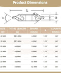 Joyoolife 7-piece A-Type M35 cobalt HSS center drill bit set, titanium coated, 1.0–5.0 mm dimensions diagram