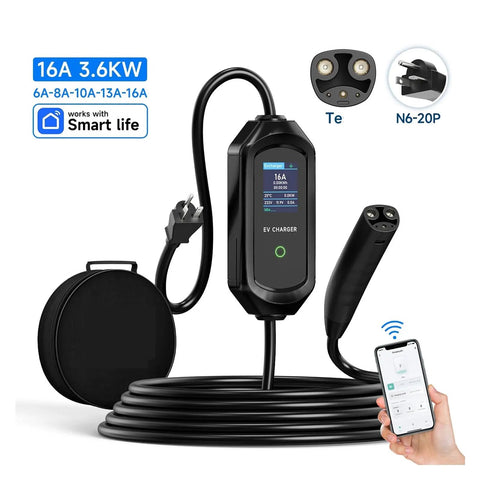 Portable EV Charger With 32 Amp Power And 3.6 Kw, compact design, includes control display and carry case.