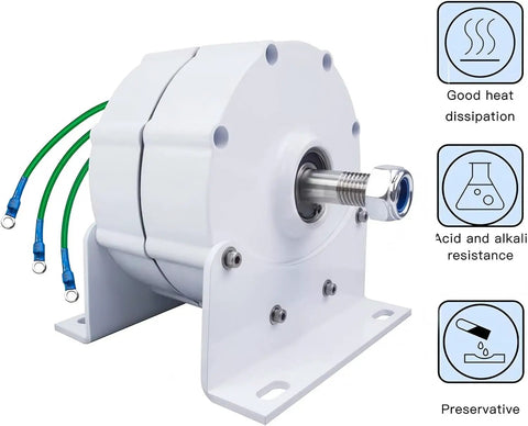 Gearless Permanent Magnet Generator 12V 24V 48V 1200W Low Rpm Motor with mounting bracket, showcasing green wires and heat-dissipating design.