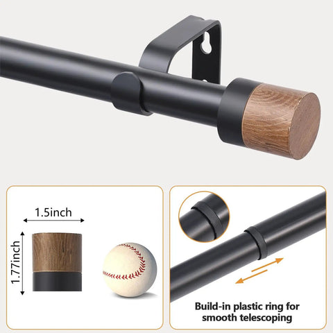 Heavy Duty 1 Inch Adjustable Curtain Rod With Imitation Wood Grain Finials, Extends From 32 To 84 Inches, Decorative Drapery Rod