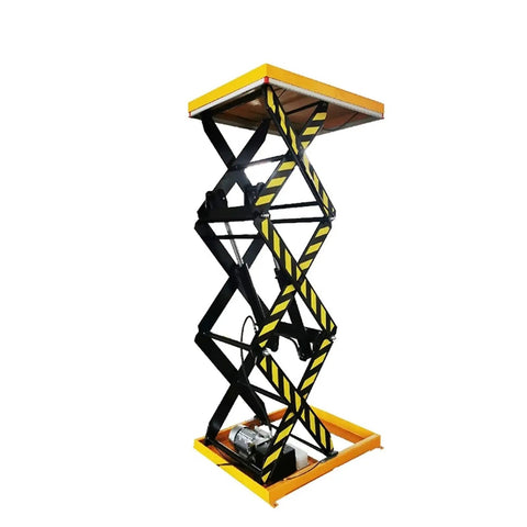 Heavy Duty Fixed Scissor Lift Table With Hydraulic Foot Pump For No Sweat Cargo Elevation, vertical view with yellow accents.