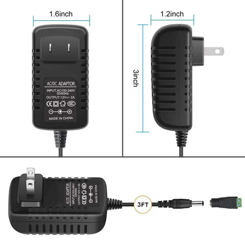 12V DC Power Supply For LED Strips 2A 24W Switching Adapter with dimensions and 5.5/2.1mm connector view