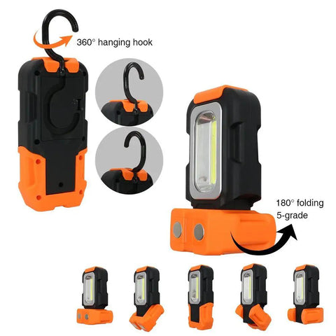 Portable LED Work Light With Magnetic Base And Hanging Hook, showing various angles and folding positions, Pack Of 2.