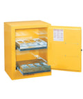Compact Benchtop Safety Cabinet For Aerosol Cans holds twenty four cans, yellow finish, sliding shelves, secure key lock.