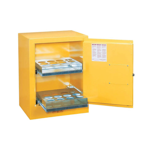 Compact Benchtop Safety Cabinet For Aerosol Cans holds twenty four cans, yellow finish, sliding shelves, secure key lock.