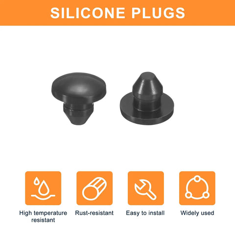 Two black silicone plugs labeled as 50 Pieces Black Silicone Snap Fit Hole Plugs For 4 5mm Tubing And Furniture End Caps.