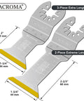 Five Piece Universal Oscillating Multitool Blade Set With Titanium Coated M42 HSS Bi Metal Blades showing blade sizes and length details