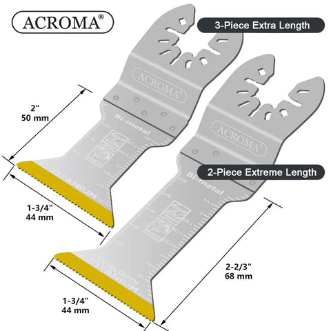 Five Piece Universal Oscillating Multitool Blade Set With Titanium Coated M42 HSS Bi Metal Blades showing blade sizes and length details