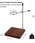 Premium Sturdy North American Black Walnut Pour Over Coffee Maker Stand dimensions with steel dripper holder and walnut base.