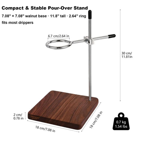 Premium Sturdy North American Black Walnut Pour Over Coffee Maker Stand dimensions with steel dripper holder and walnut base.