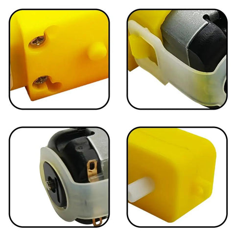 Close-up of Four Pack DC Gearbox Motors With One To Forty Eight Gear Ratio, 3 To 6 Volts TT Motors Delivering Ninety To Two Hundred RPMs