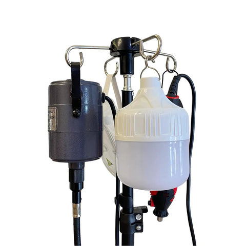 Rock Solid Rotary Tool Stand With Adjustable Height Table Clamp And Flexible Shaft Hook Rack For Dremel Foredom Shops showing attached tools.