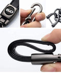 Premium Leather Car Keychain With Coyote 5 0 Emblem And Built In Screwdriver Tool Heavy Duty Alloy Ring For Ford Mustang Rides showing hook and leather strap up close.
