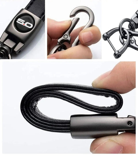 Premium Leather Car Keychain With Coyote 5 0 Emblem And Built In Screwdriver Tool Heavy Duty Alloy Ring For Ford Mustang Rides showing hook and leather strap up close.
